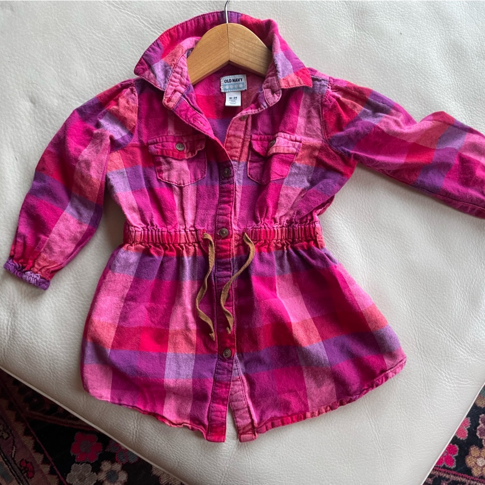 4/$20💥Plaid Flannel Shirt Dress, Button Front, Waist Tie, Magenta Pink Purple